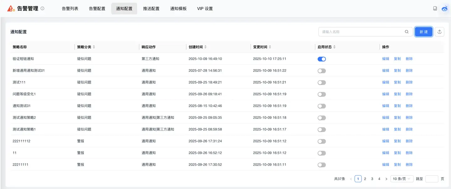通知配置列表示例